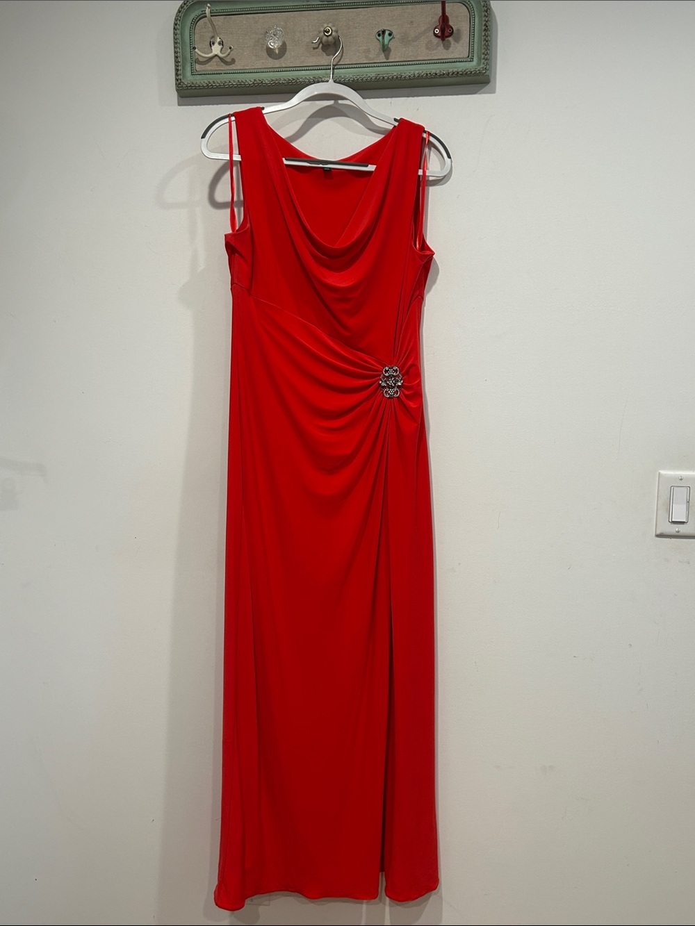 Ralph Lauren Red Sleeveless Draped Maxi Dress with Side Brooch women’s size 14